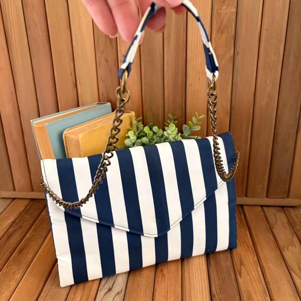 J. Crew Navy Striped Crossbody Clutch Bag, Nautical Brass Chain Strap - Picture 3 of 7